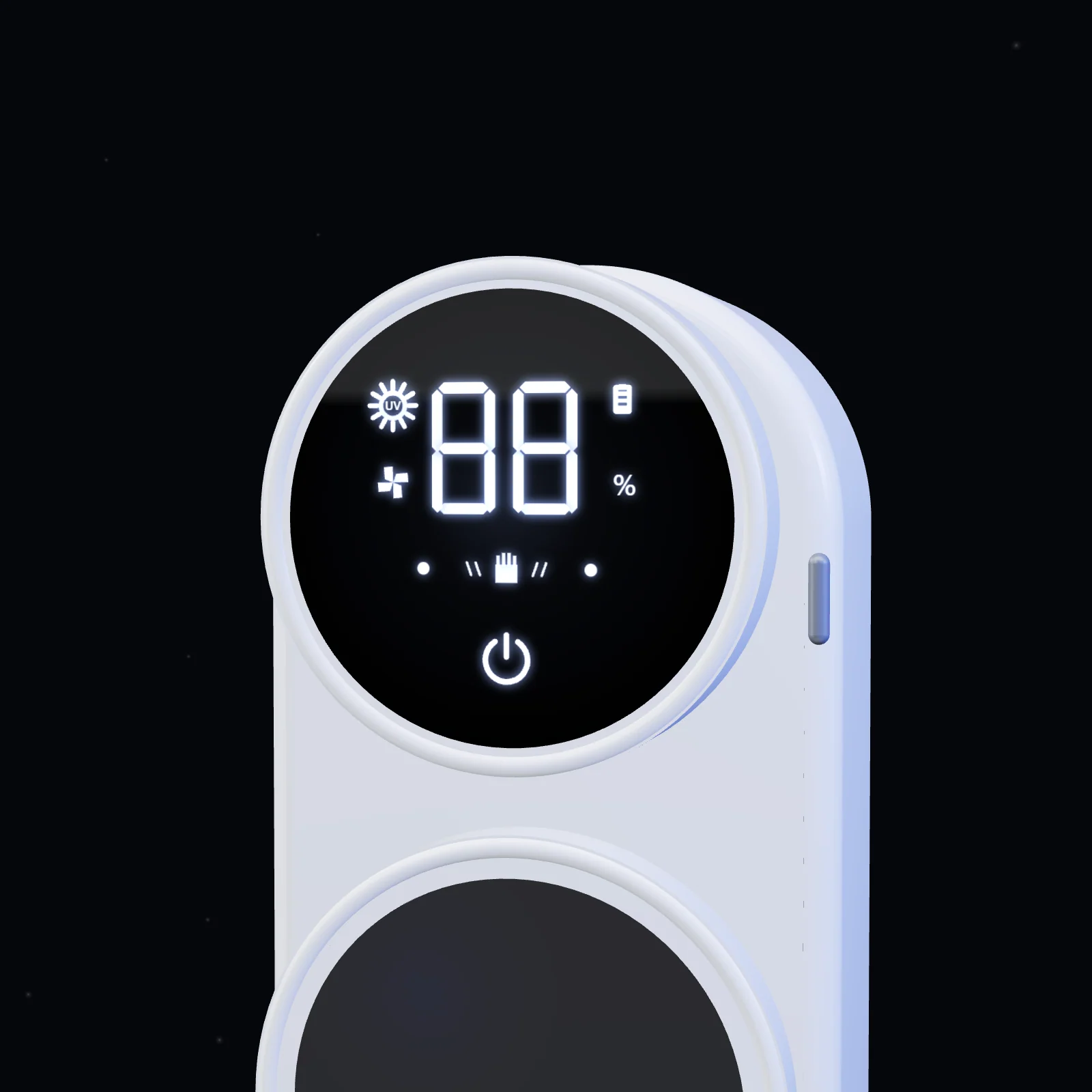 Close-up of the round LED display and touch power key