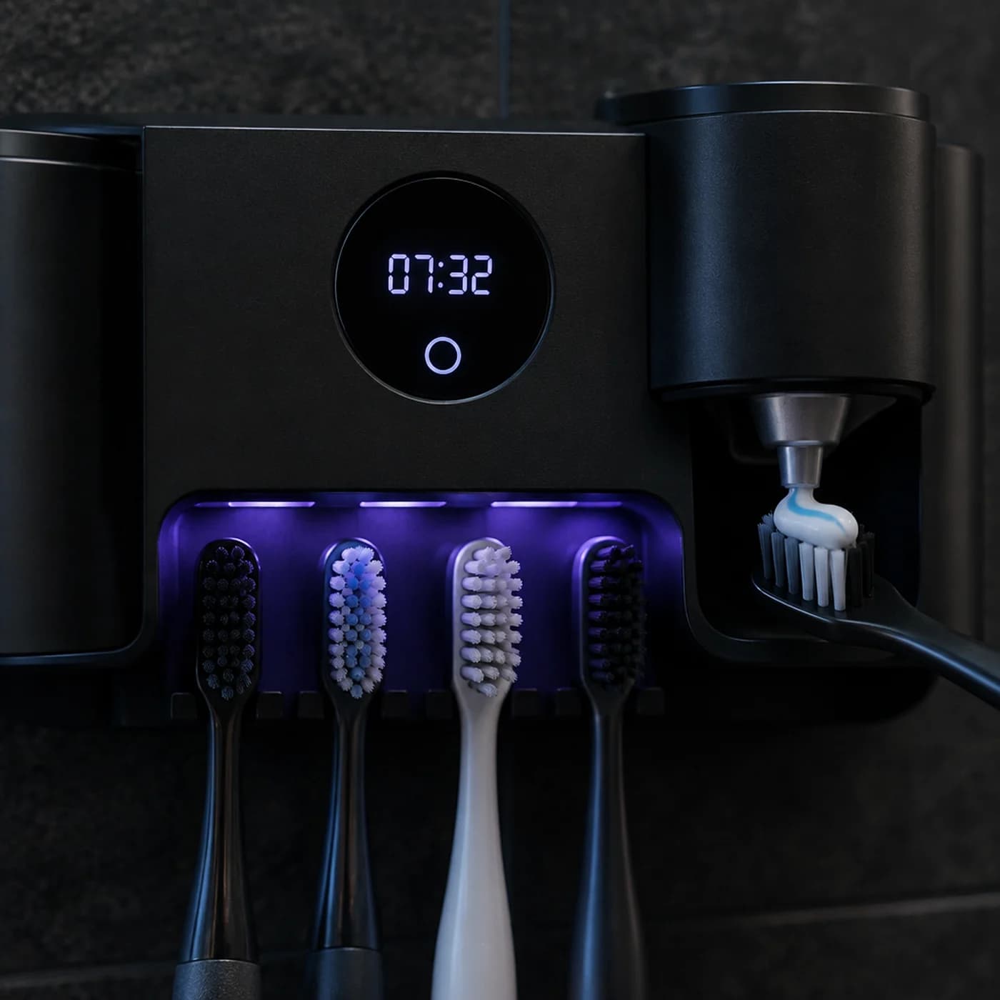 Close-up of the display, toothpaste dispenser and brush slots with UV light