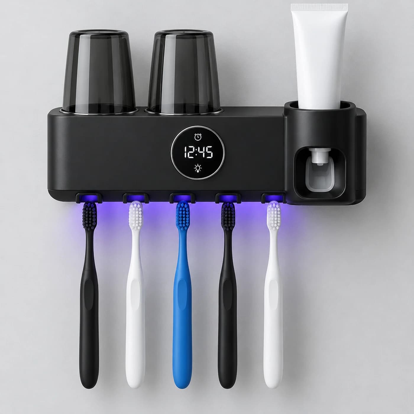 Black wall-mounted family toothbrush station with two cups, display, toothpaste dispenser and five brushes under a purple UV light