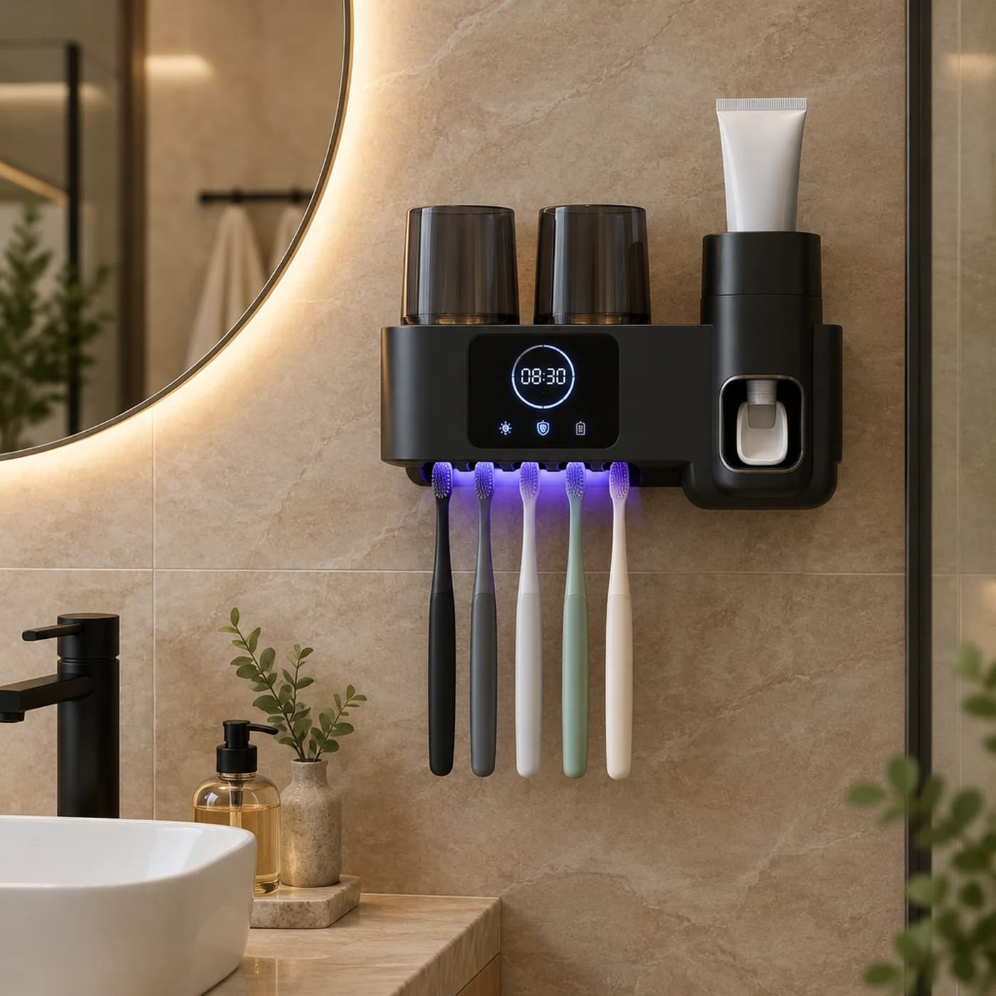 Black family toothbrush station mounted on a bathroom wall beside a mirror
