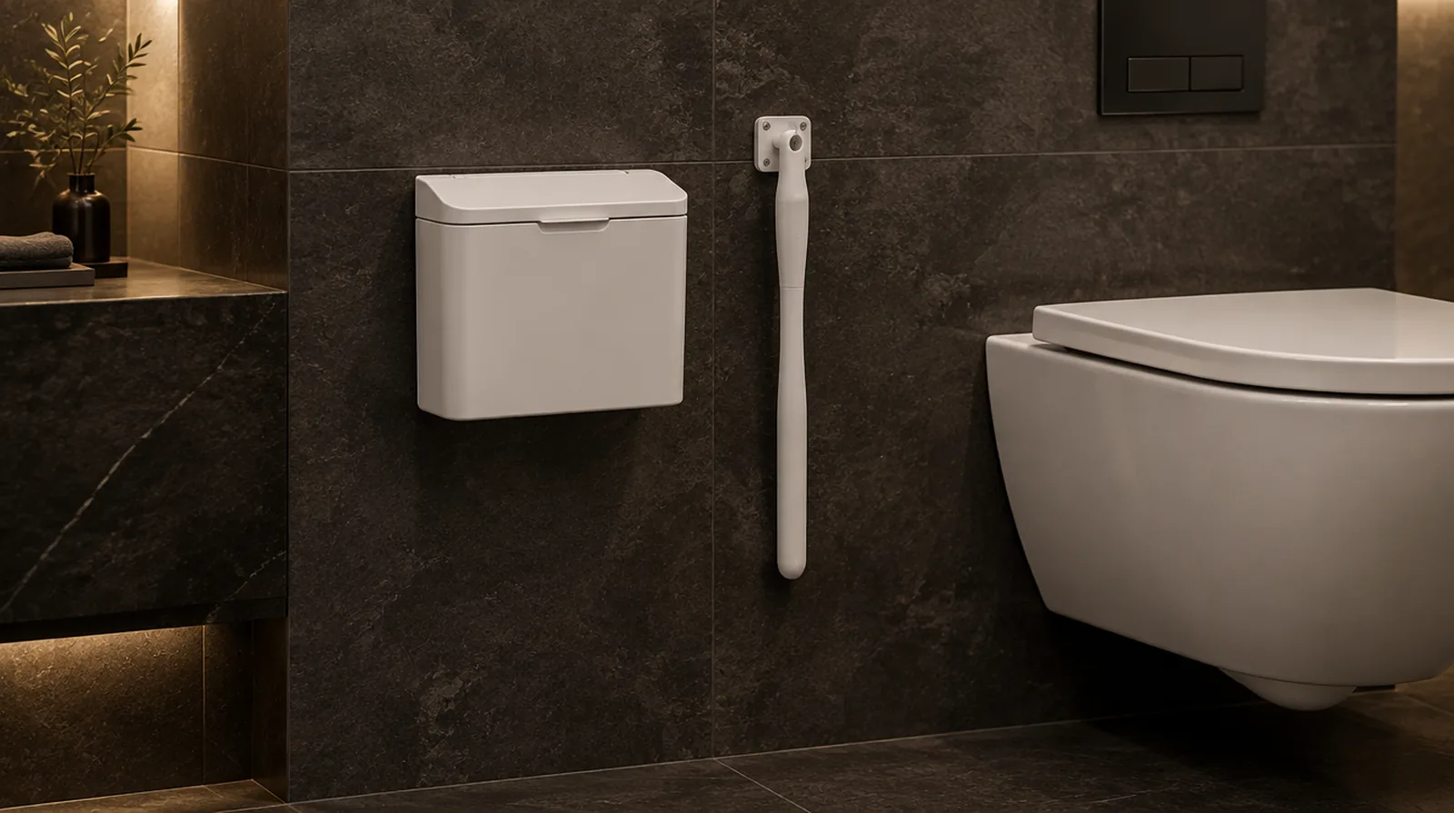 The wall box and wand mounted on a dark stone bathroom wall